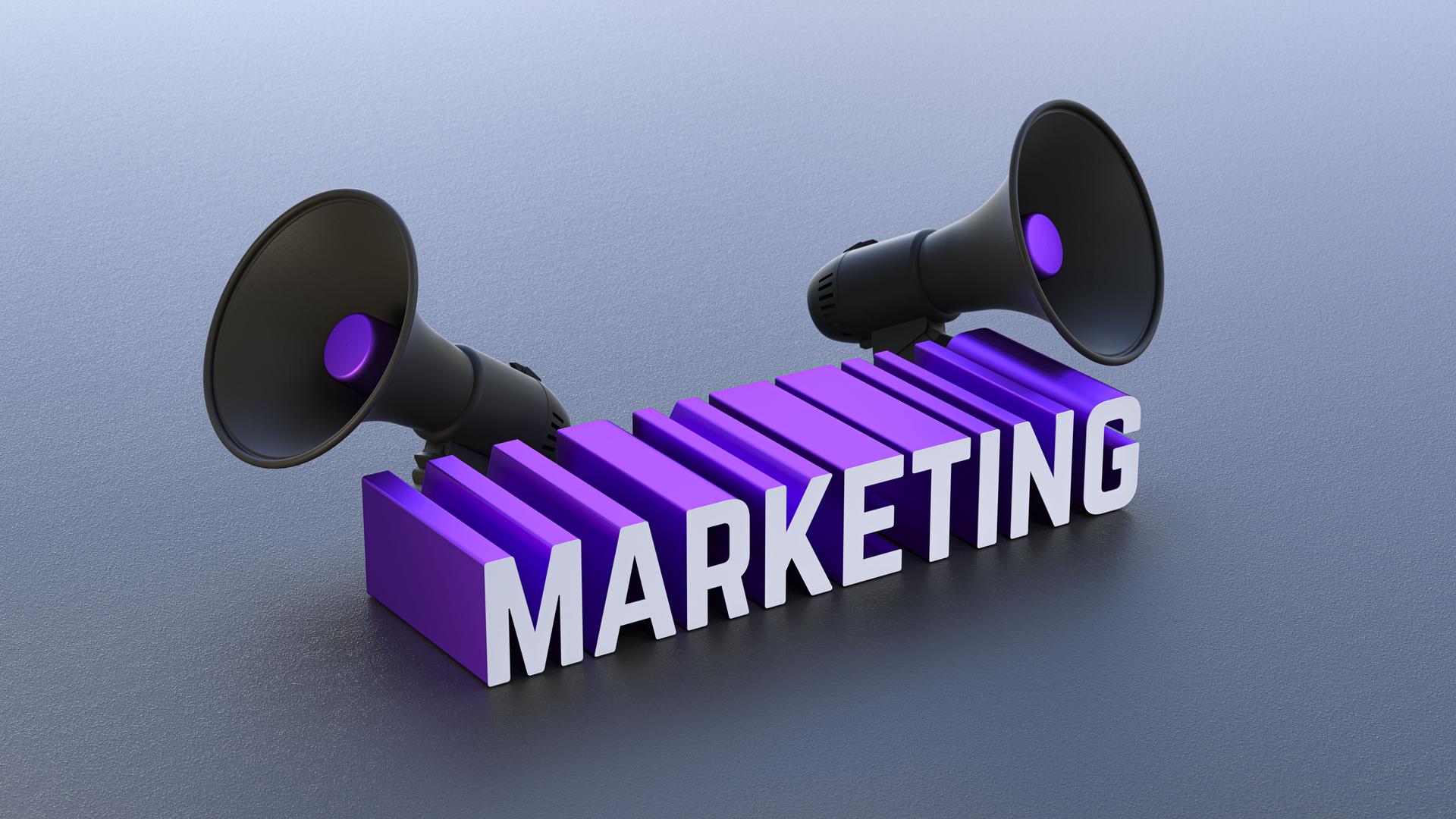 Large 3D Marketing Text With Megaphones on Both Sides - 3D Rendering