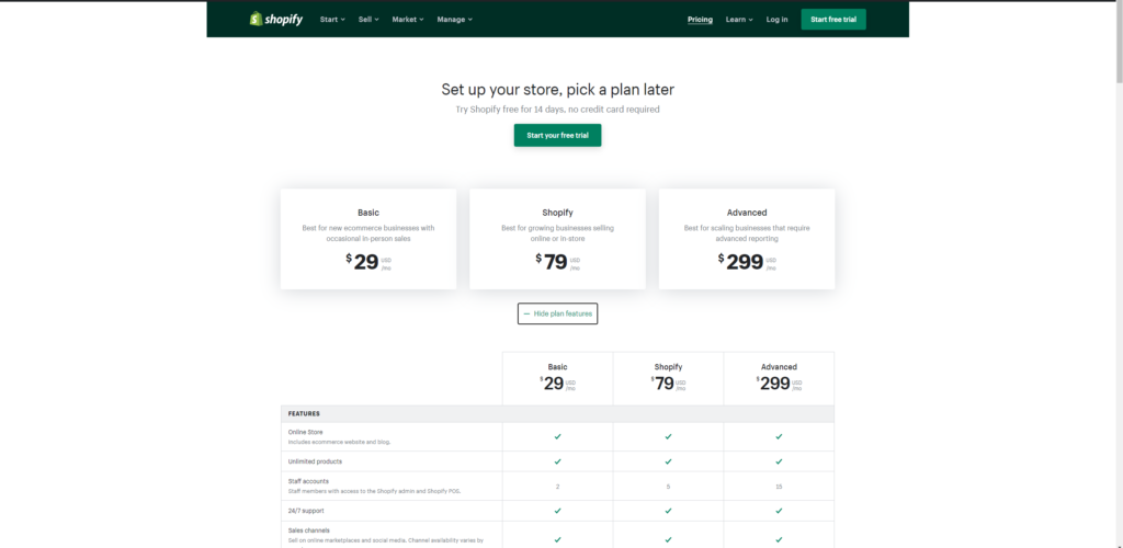 Three Shopify plan prices and features